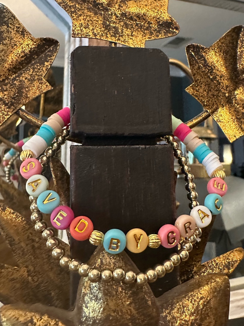 Beaded “Saved By Grace” Bracelet Set in Pink, Blue, Yellow
